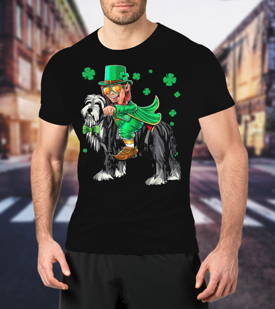 Leprechaun Riding Bearded Collie With Shamrocks T-Shirt