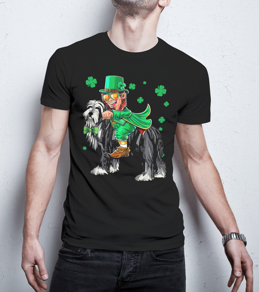 Leprechaun Riding Bearded Collie With Shamrocks T-Shirt