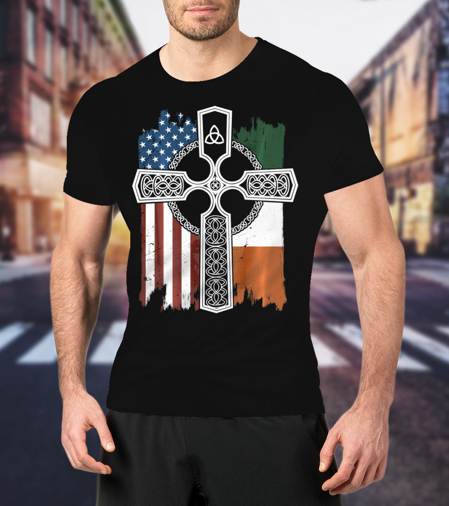 American Irish Flag Celtic Cross With Triquetra T-Shirt