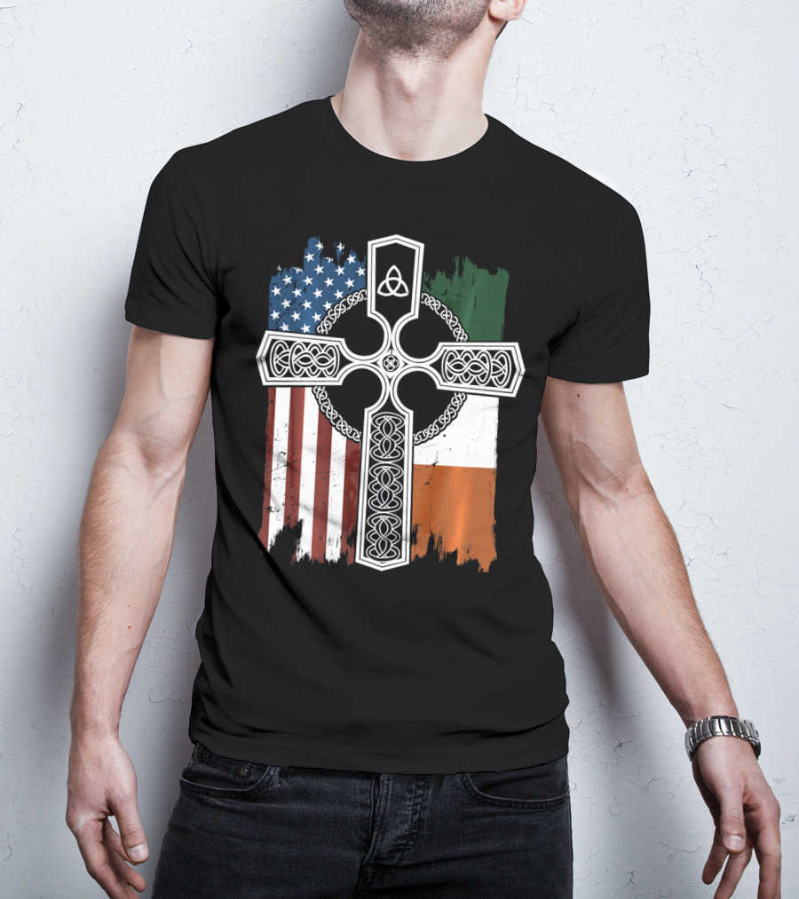 American Irish Flag Celtic Cross With Triquetra T-Shirt