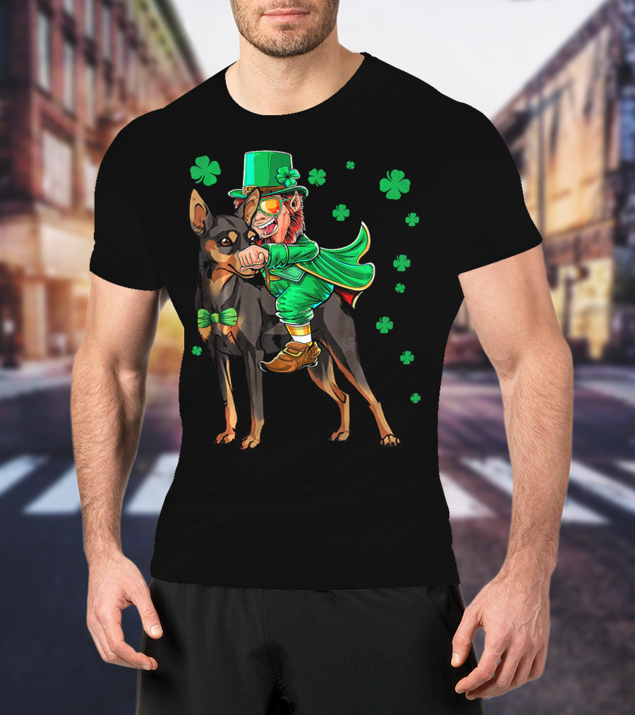 Leprechaun Miniature Pinscher Riding Shamrock Adventure T-Shirt
