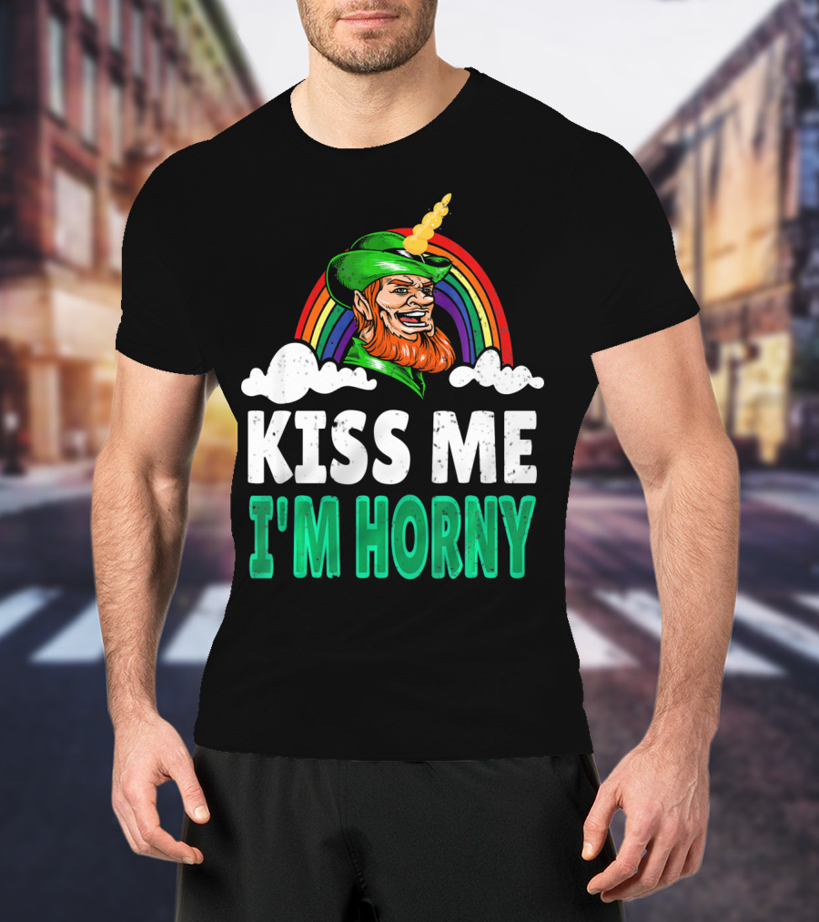 Kiss Me I'm Horny St Patricks Day Lepricorn Rainbow T-Shirt