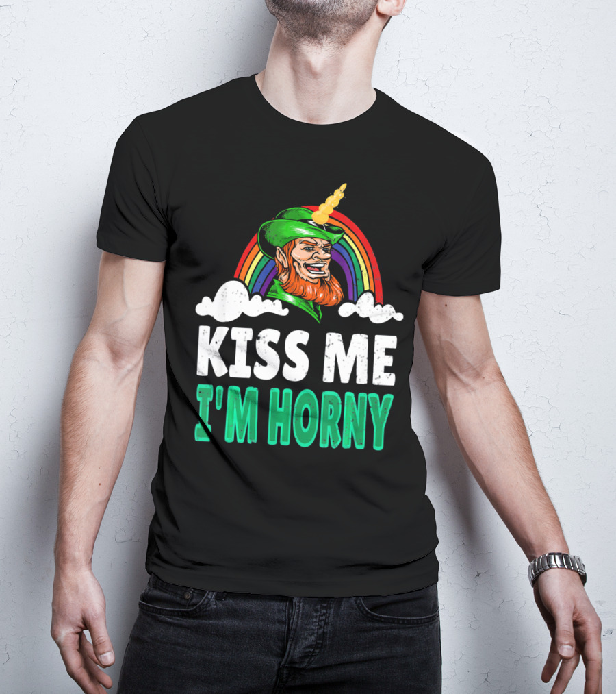 Kiss Me I'm Horny St Patricks Day Lepricorn Rainbow T-Shirt