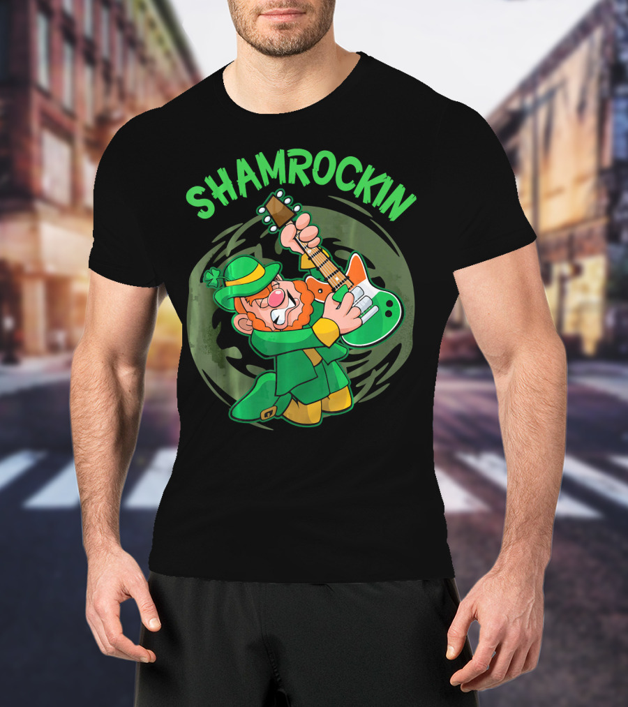 Shamrockin Leprechaun Playing Guitar In Green T-Shirt