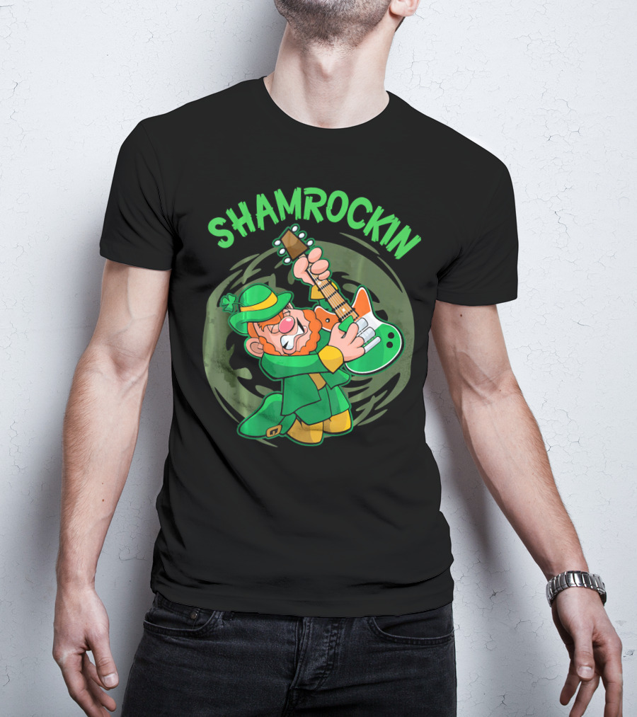 Shamrockin Leprechaun Playing Guitar In Green T-Shirt