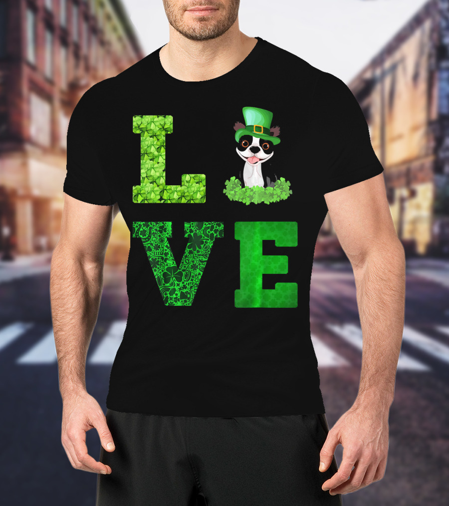 Love Boston Terrier St Patricks Day Clover Hat T-Shirt
