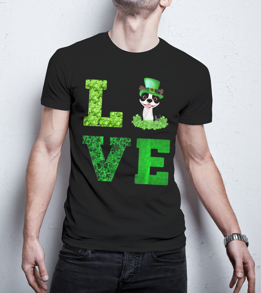 Love Boston Terrier St Patricks Day Clover Hat T-Shirt