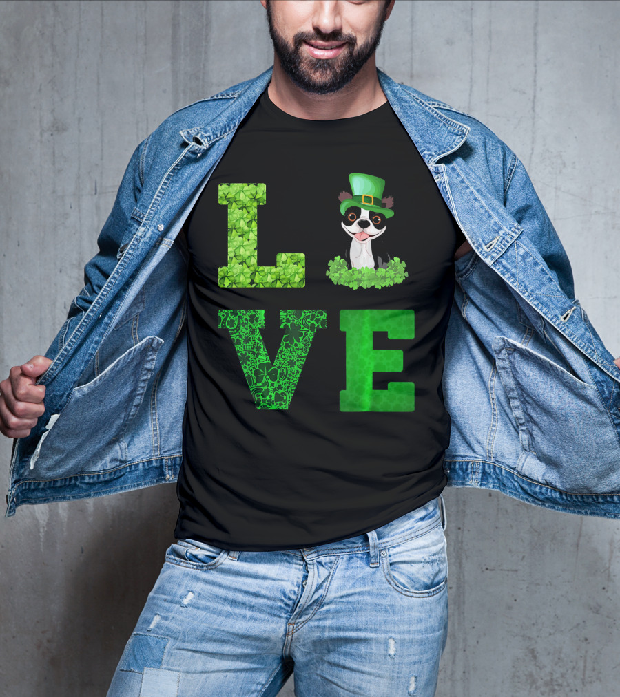 Love Boston Terrier St Patricks Day Clover Hat T-Shirt