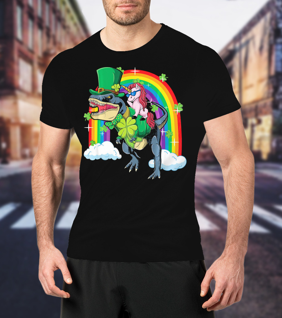 Unicorn Riding Dinosaur Leprechaun Rainbow Shamrocks T-Shirt