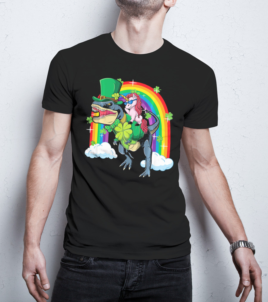 Unicorn Riding Dinosaur Leprechaun Rainbow Shamrocks T-Shirt