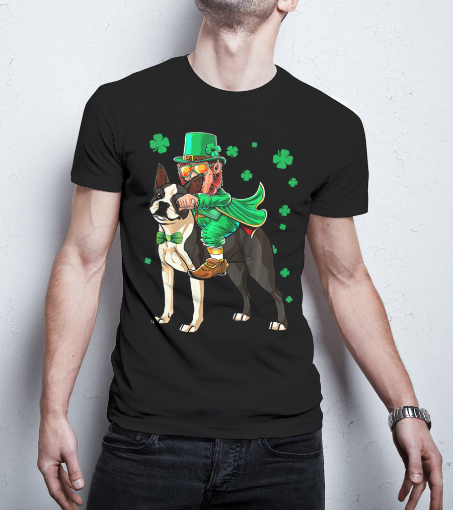 Leprechaun Riding Boston Terrier With Shamrock Accents T-Shirt