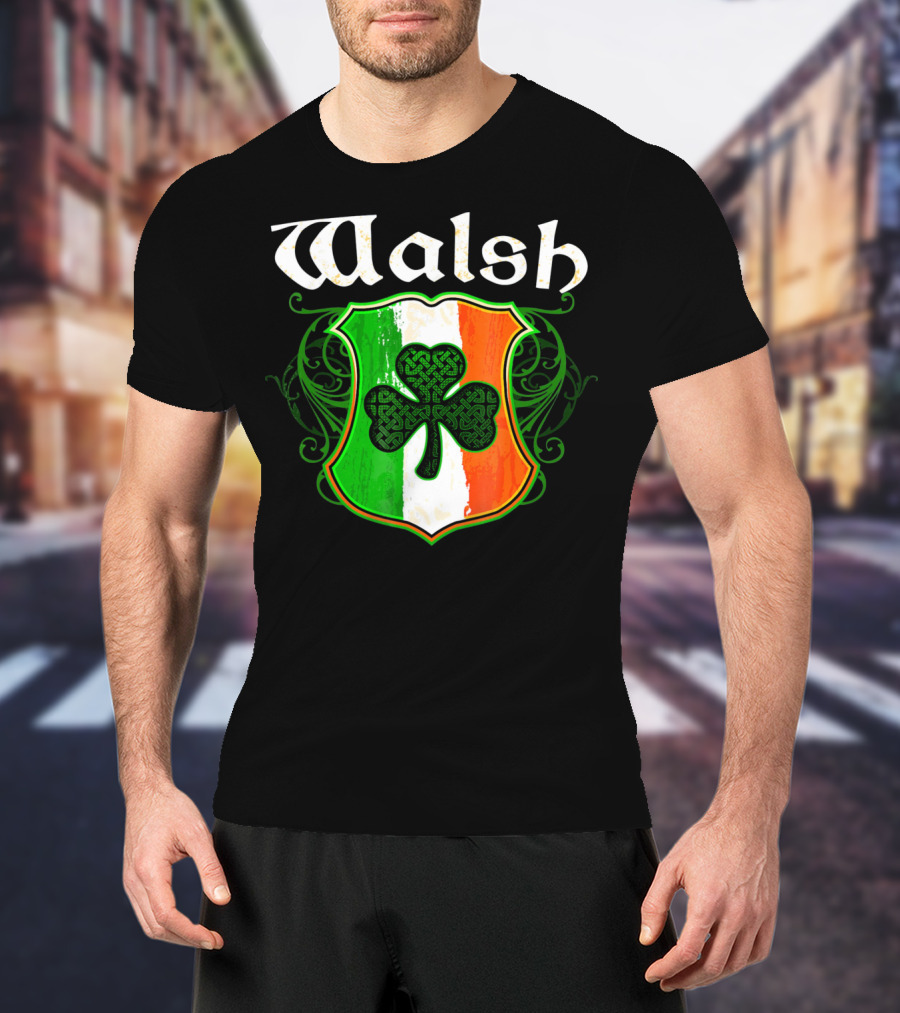 Walsh Surname Irish Shamrock Crest With Green White Orange Shield T-Shirt