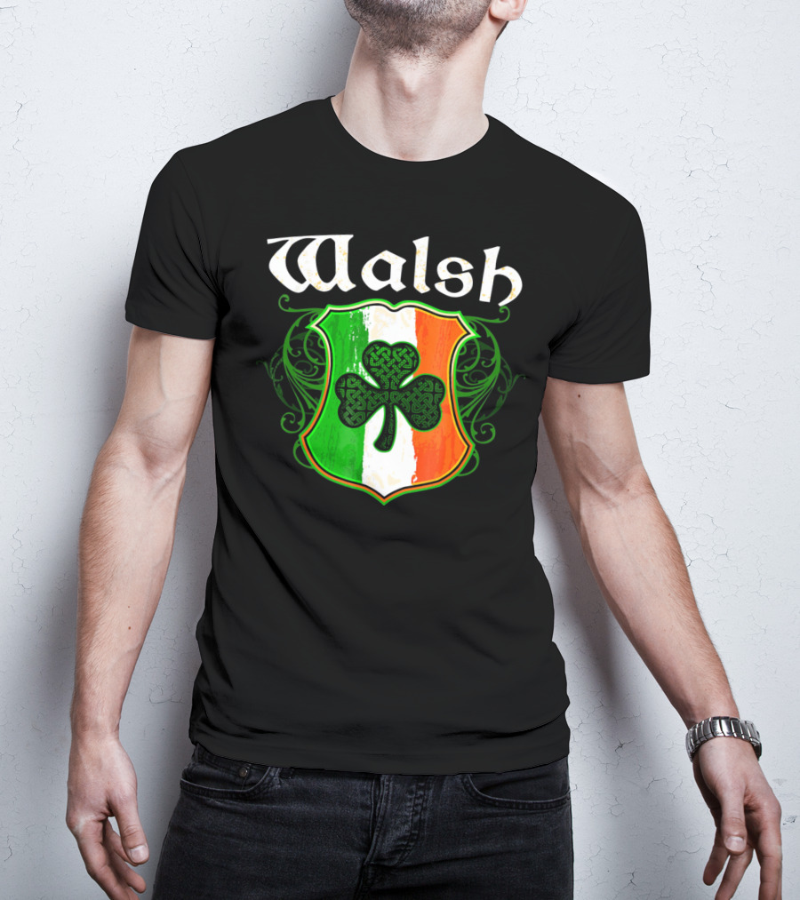 Walsh Surname Irish Shamrock Crest With Green White Orange Shield T-Shirt