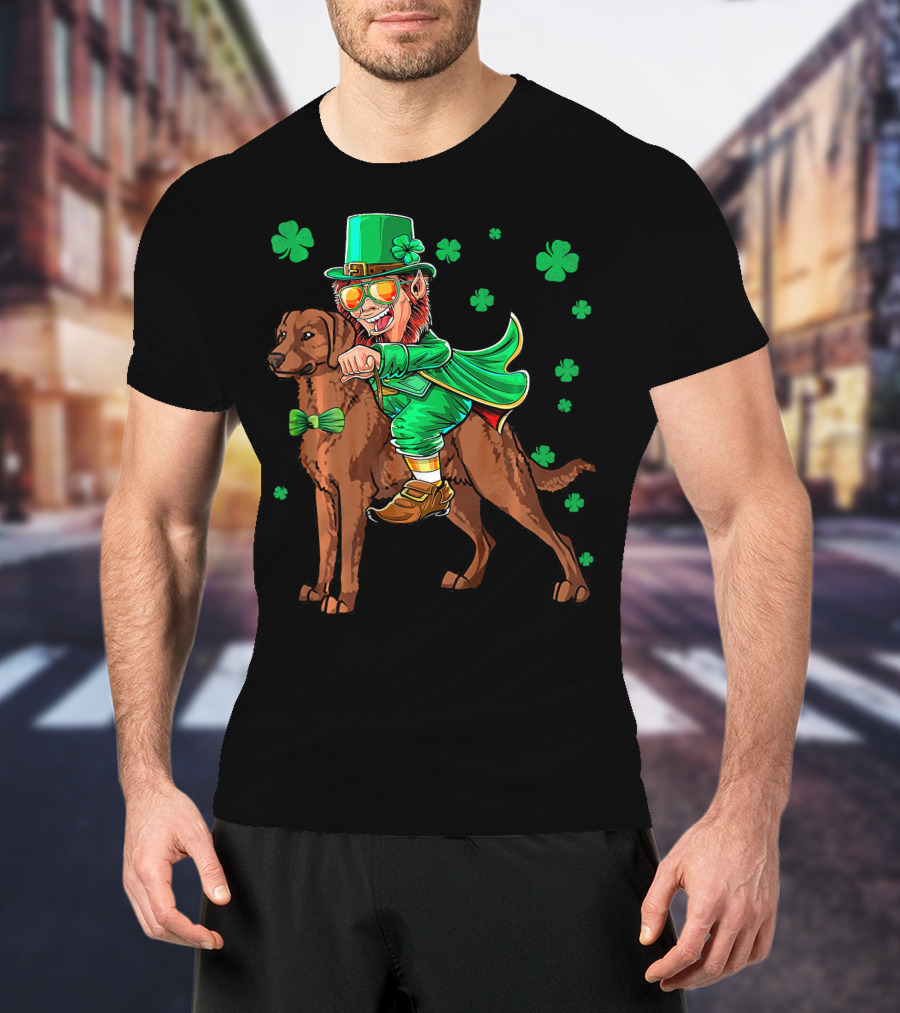 Leprechaun Riding Chesapeake Bay Retriever With Shamrocks T-Shirt