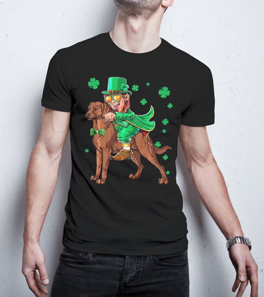 Leprechaun Riding Chesapeake Bay Retriever With Shamrocks T-Shirt