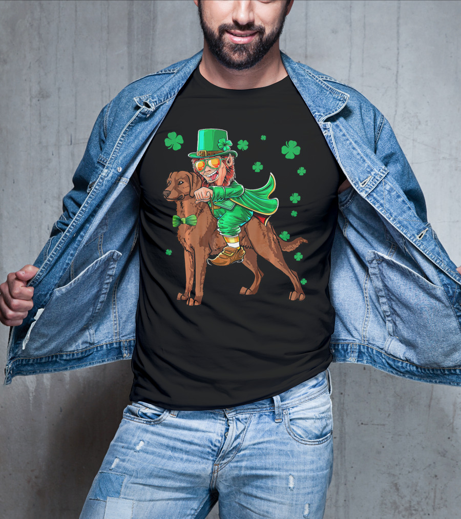 Leprechaun Riding Chesapeake Bay Retriever With Shamrocks T-Shirt