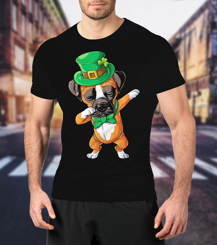 Dabbing Boxer Dog St Patricks Day Hat Bowtie T-Shirt