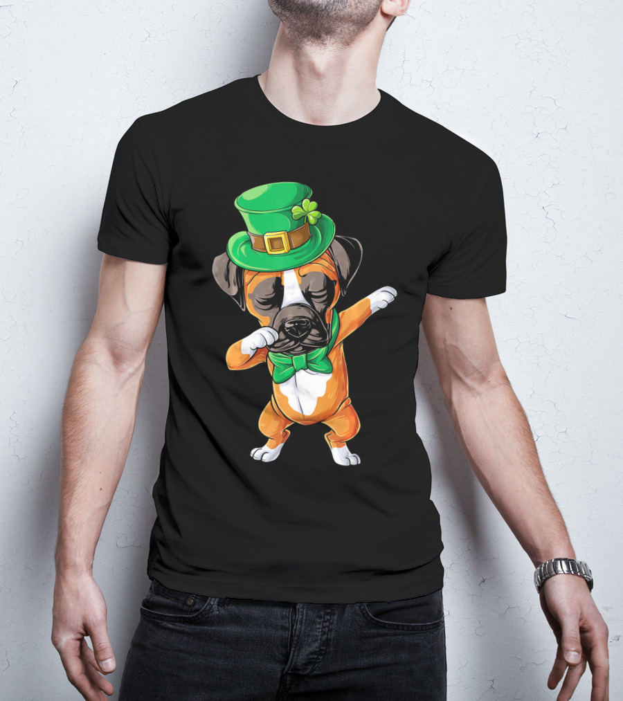 Dabbing Boxer Dog St Patricks Day Hat Bowtie T-Shirt