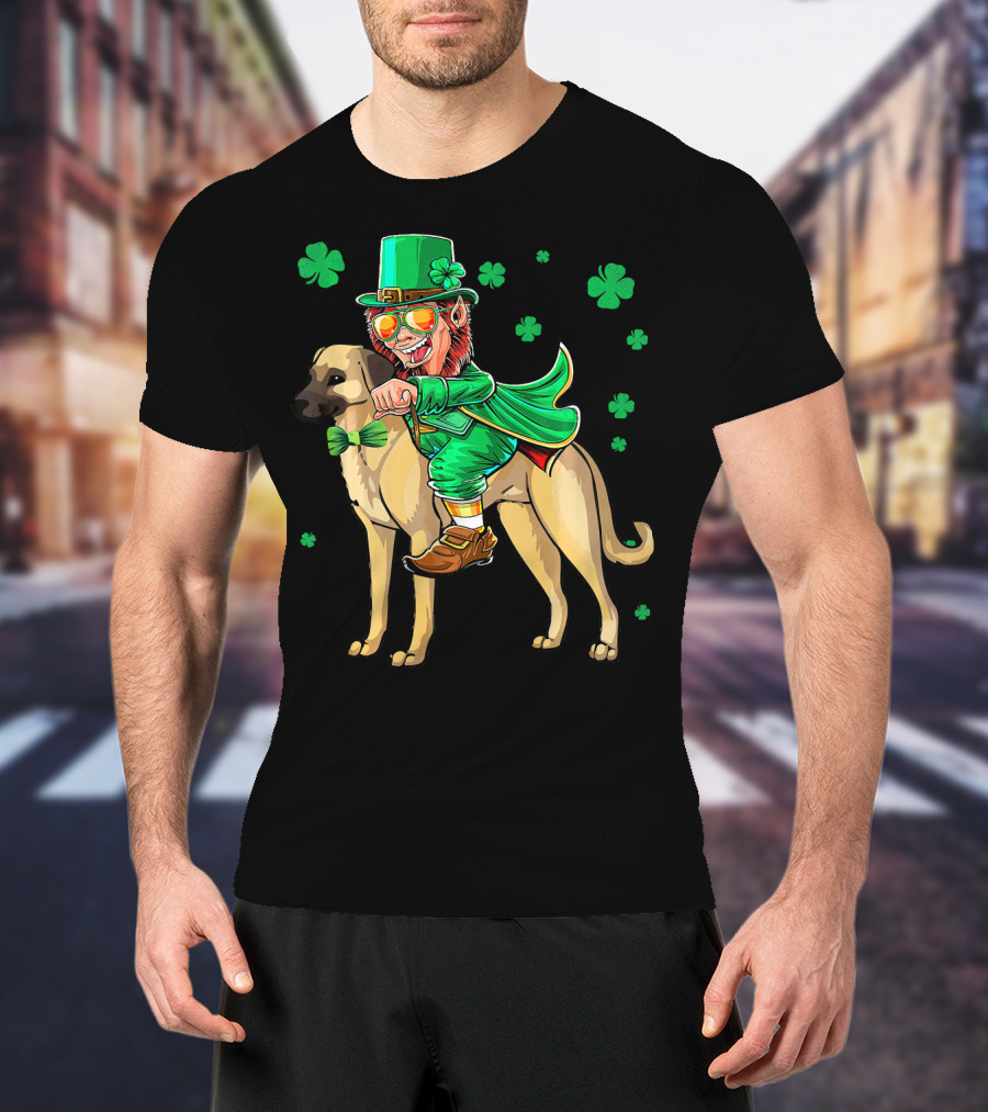 Leprechaun Riding Anatolian Shepherd With Shamrock Accents T-Shirt