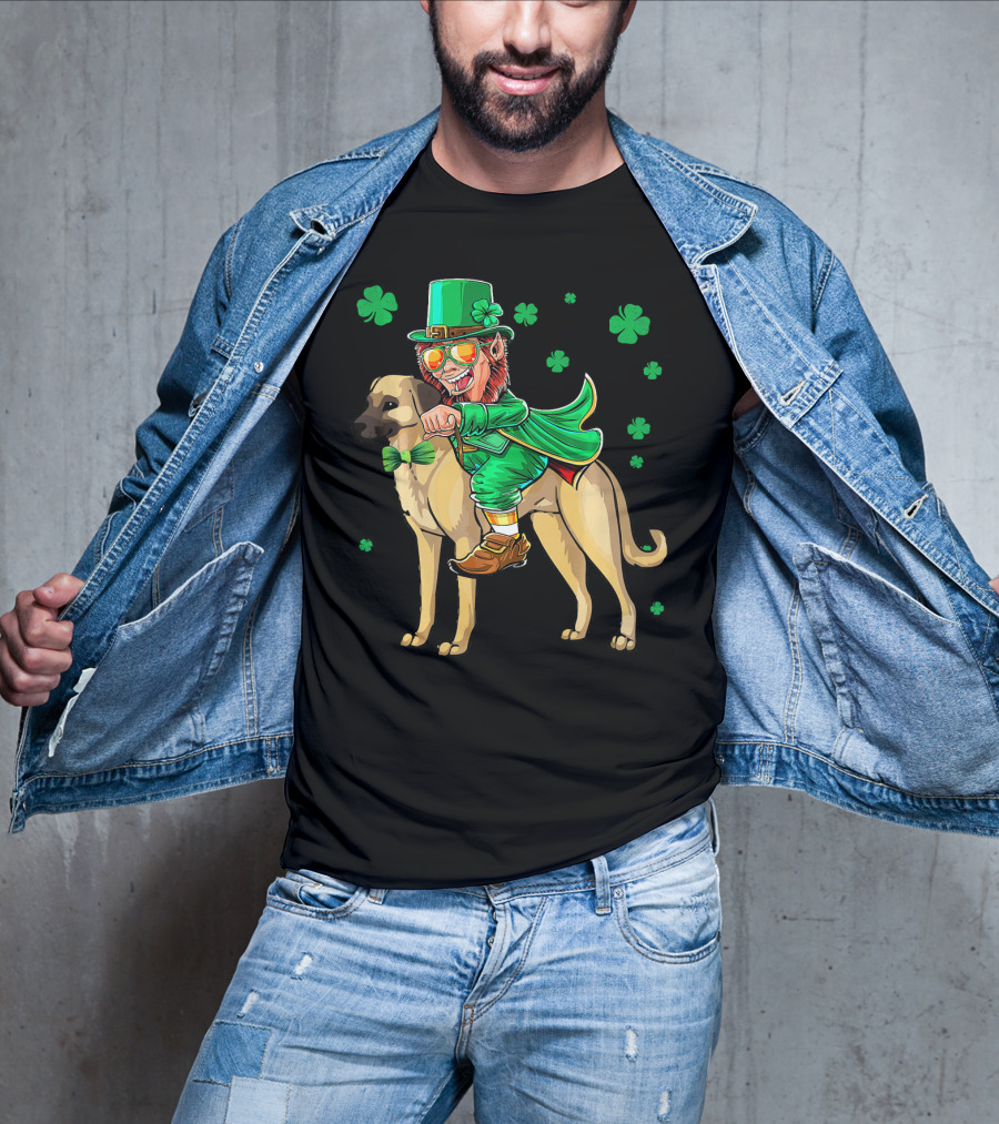 Leprechaun Riding Anatolian Shepherd With Shamrock Accents T-Shirt