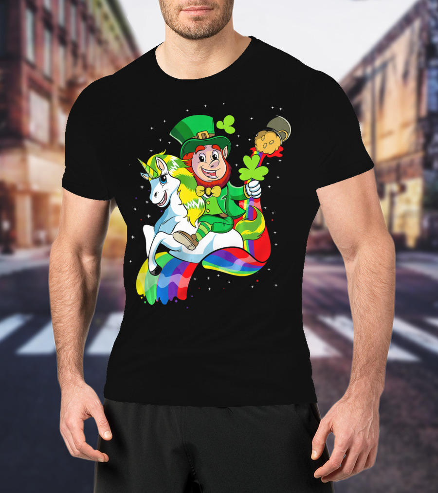 St Patricks Day Leprechaun Riding Unicorn With Rainbow Lucky Charms T-Shirt