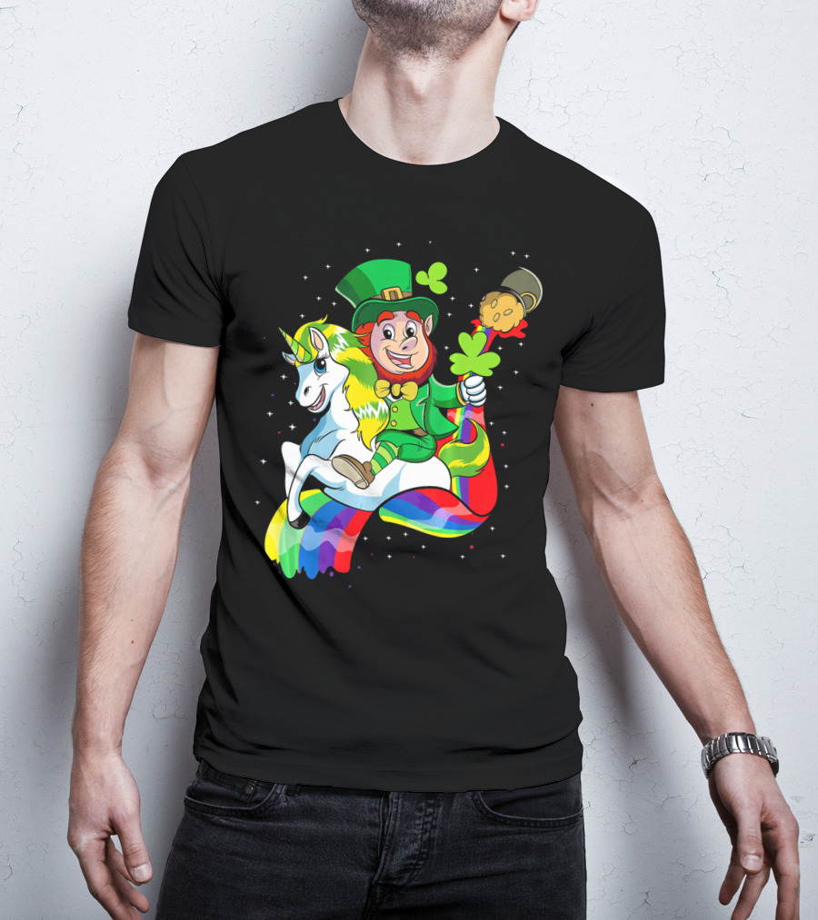 St Patricks Day Leprechaun Riding Unicorn With Rainbow Lucky Charms T-Shirt