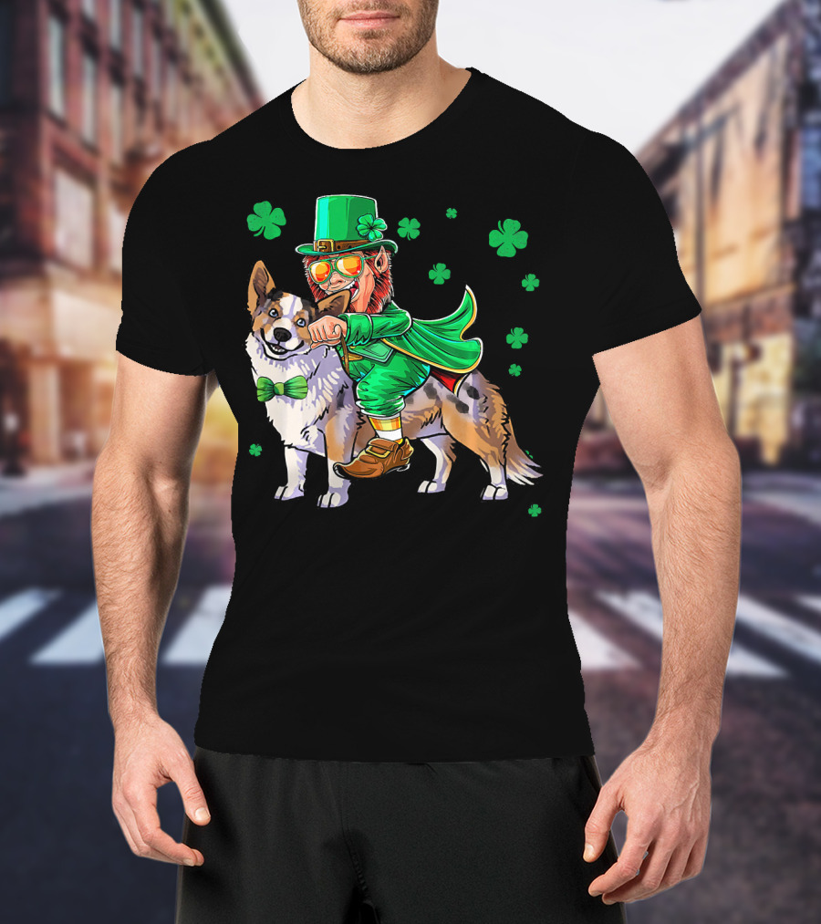 Leprechaun Riding Cardigan Welsh Corgi With Shamrocks T-Shirt