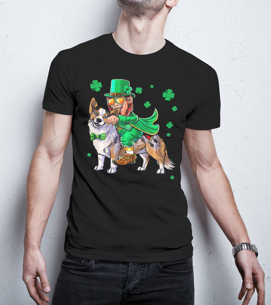 Leprechaun Riding Cardigan Welsh Corgi With Shamrocks T-Shirt