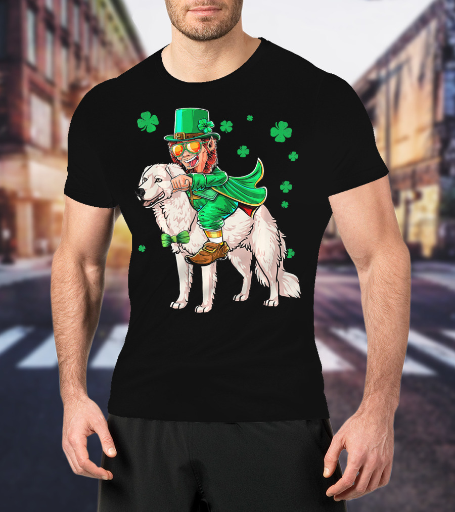 Leprechaun Riding Kuvasz Surrounded By Shamrocks For St. Patrick's Day T-Shirt