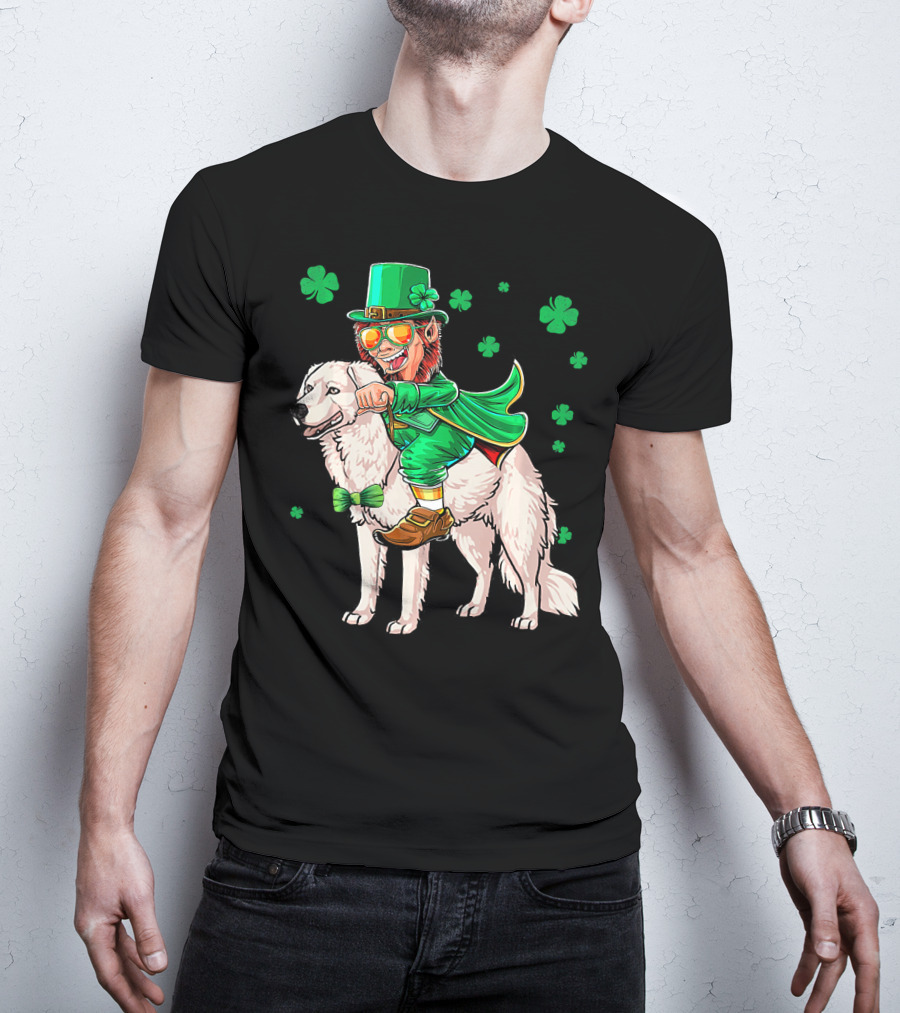 Leprechaun Riding Kuvasz Surrounded By Shamrocks For St. Patrick's Day T-Shirt