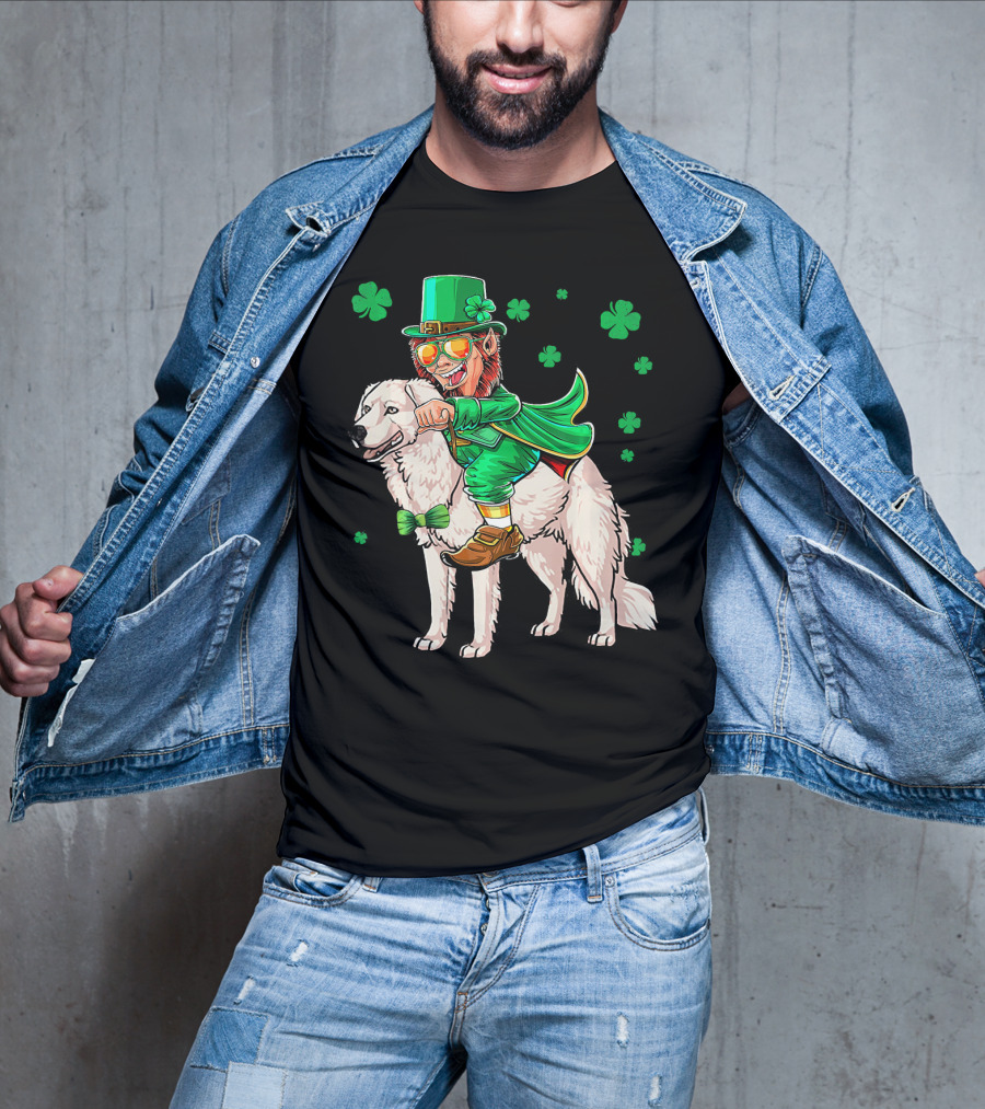 Leprechaun Riding Kuvasz Surrounded By Shamrocks For St. Patrick's Day T-Shirt