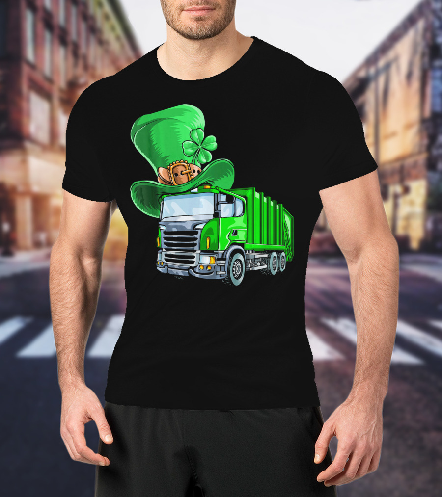 St Patricks Day Garbage Truck With Leprechaun Hat And Four-Leaf Clover T-Shirt