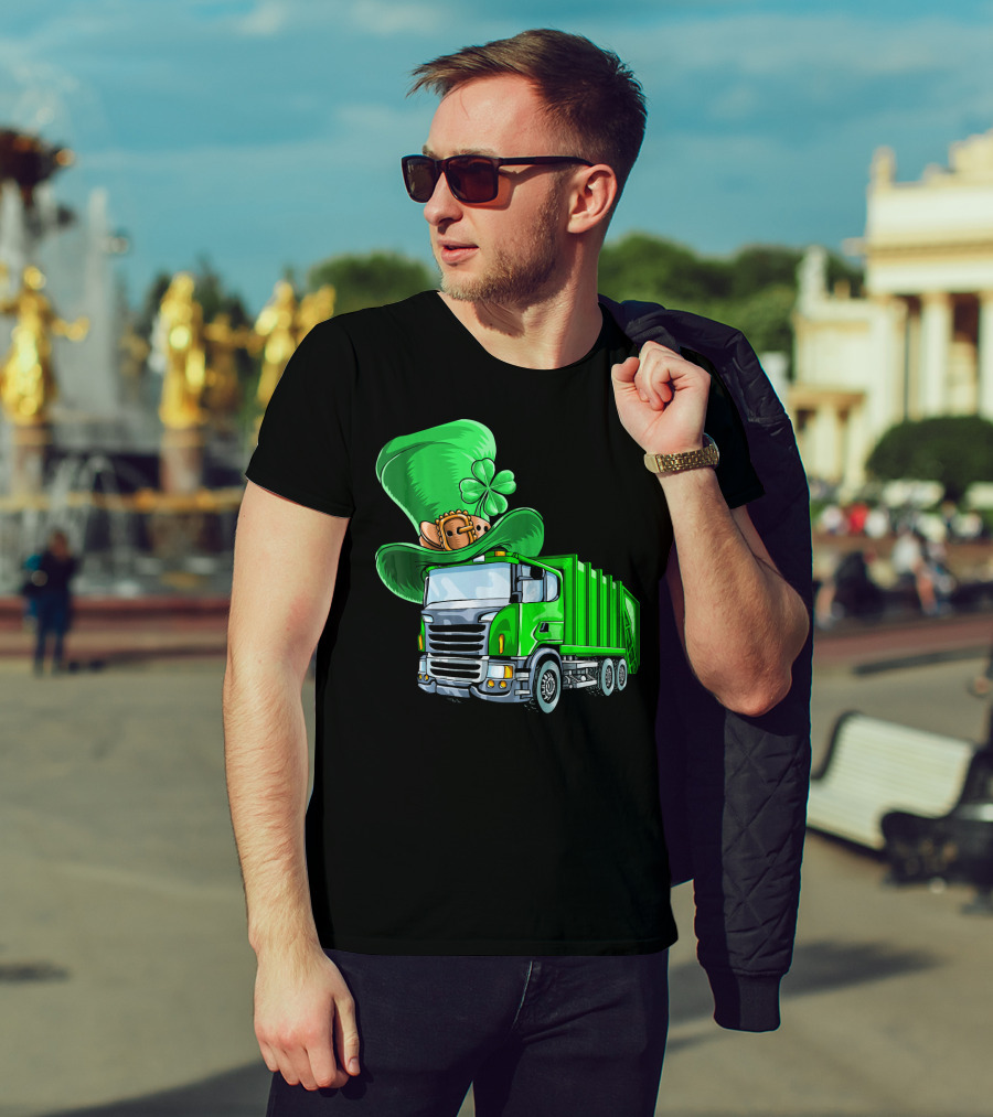 St Patricks Day Garbage Truck With Leprechaun Hat And Four-Leaf Clover T-Shirt