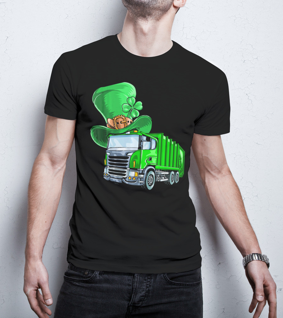 St Patricks Day Garbage Truck With Leprechaun Hat And Four-Leaf Clover T-Shirt