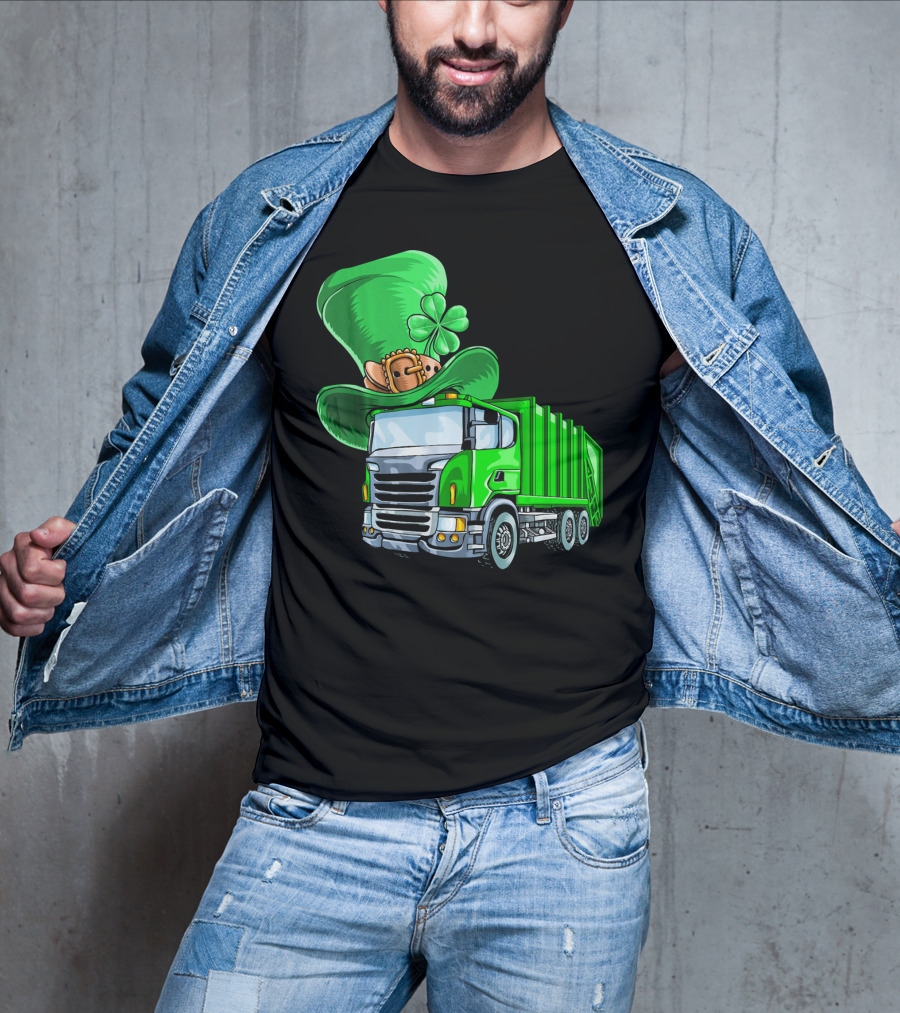 St Patricks Day Garbage Truck With Leprechaun Hat And Four-Leaf Clover T-Shirt