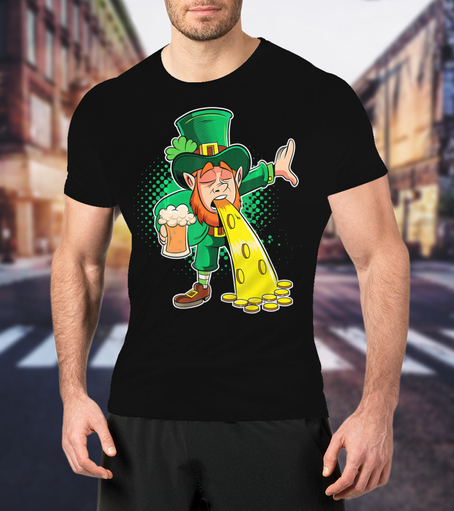 Drunk Leprechaun Puking Gold Coins And Beer Mug T-Shirt