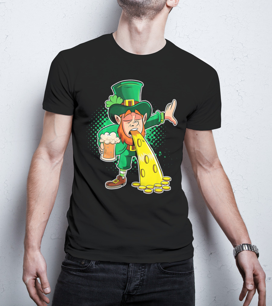 Drunk Leprechaun Puking Gold Coins And Beer Mug T-Shirt