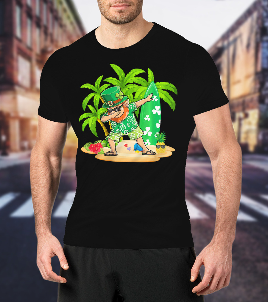 Leprechaun Dabbing On Tropical Beach With Surfboard And Hibiscus Flowers T-Shirt