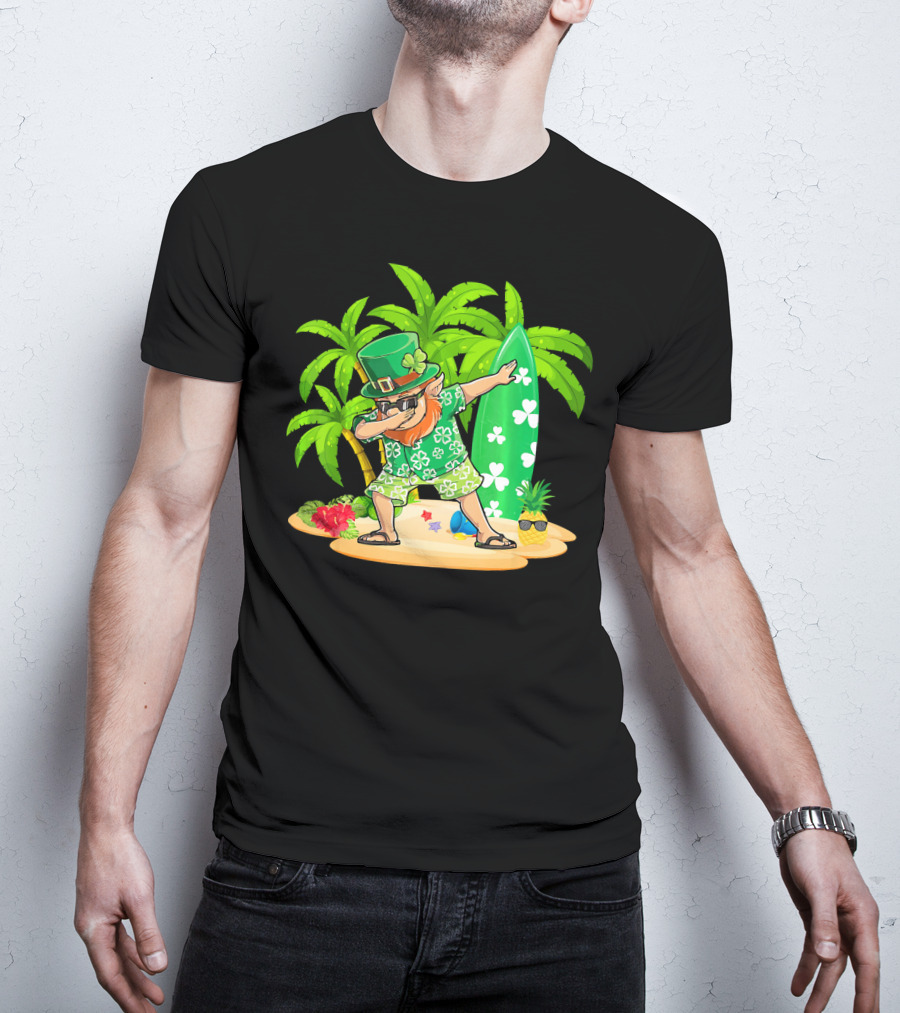 Leprechaun Dabbing On Tropical Beach With Surfboard And Hibiscus Flowers T-Shirt