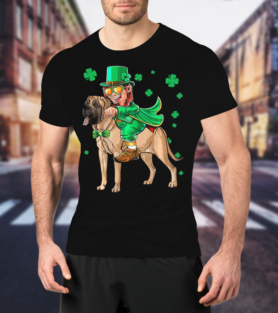 Leprechaun Riding English Mastiff With Shamrocks T-Shirt