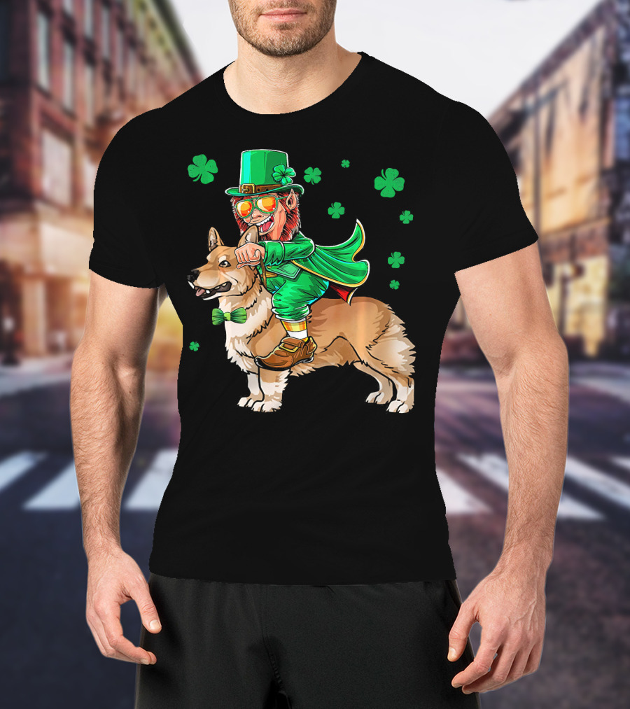 Leprechaun Riding Pembroke Welsh Corgi With Shamrocks T-Shirt
