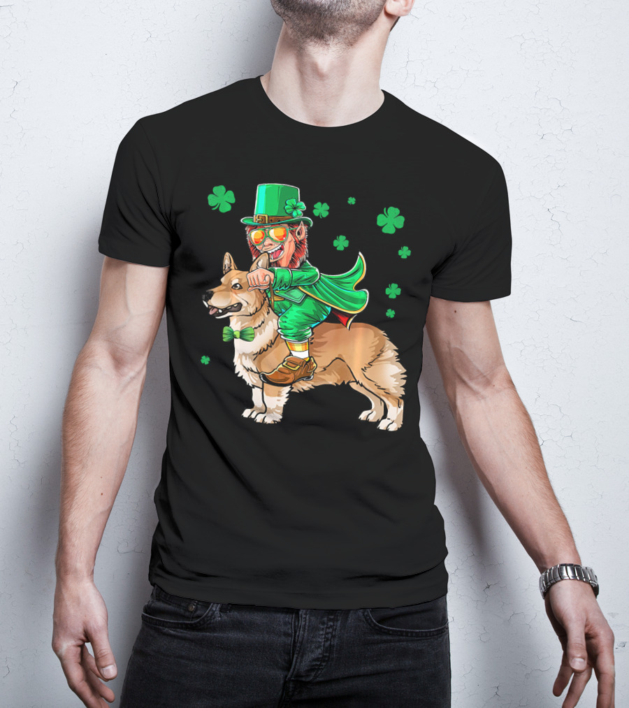 Leprechaun Riding Pembroke Welsh Corgi With Shamrocks T-Shirt