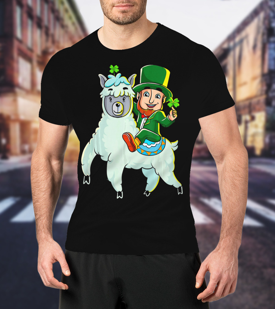 Leprechaun Riding Llama Clover Hat Green Suit Cartoon T-Shirt