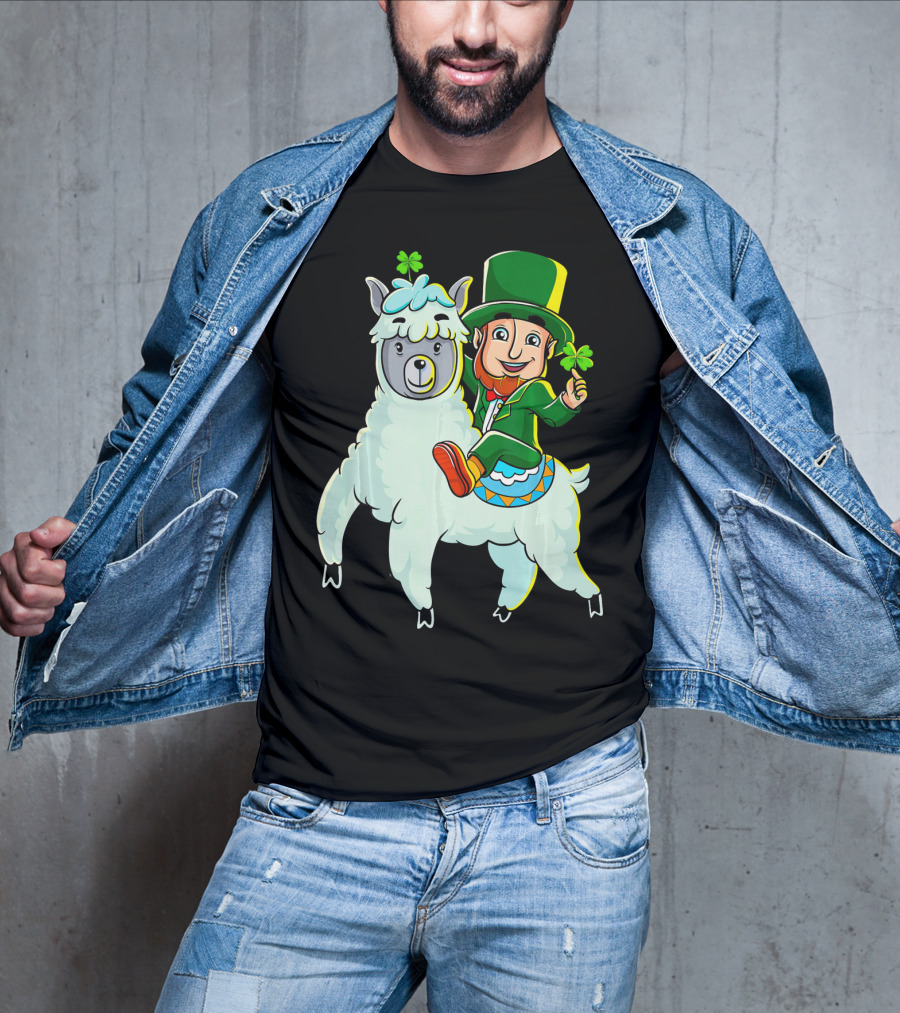 Leprechaun Riding Llama Clover Hat Green Suit Cartoon T-Shirt