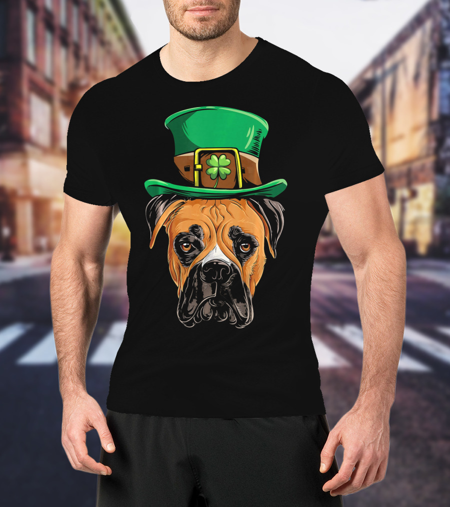 St. Patrick's Day Boxer Dog With Green Top Hat And Shamrock T-Shirt