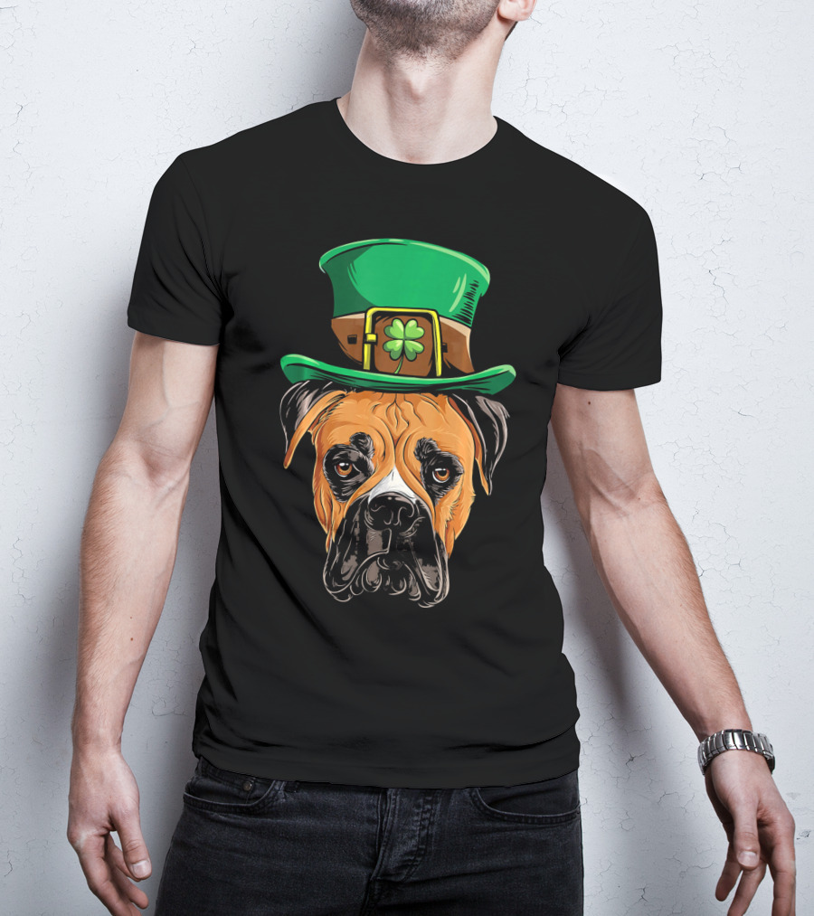 St. Patrick's Day Boxer Dog With Green Top Hat And Shamrock T-Shirt