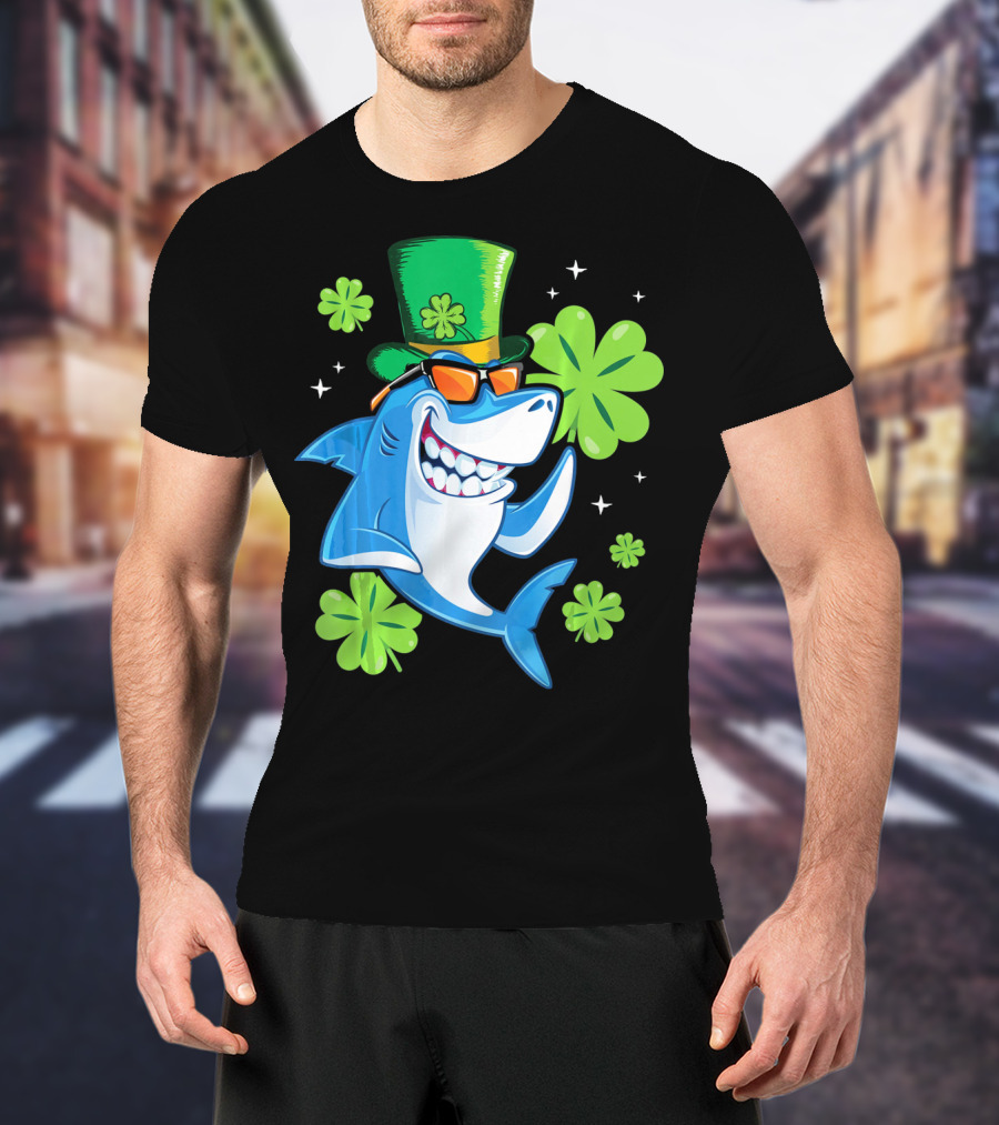 St Patricks Day Shamrock Paddy Shark Top Hat Dancing With Four-Leaf Clovers T-Shirt
