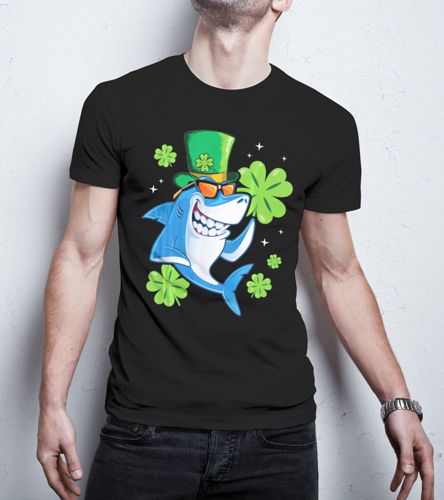 St Patricks Day Shamrock Paddy Shark Top Hat Dancing With Four-Leaf Clovers T-Shirt