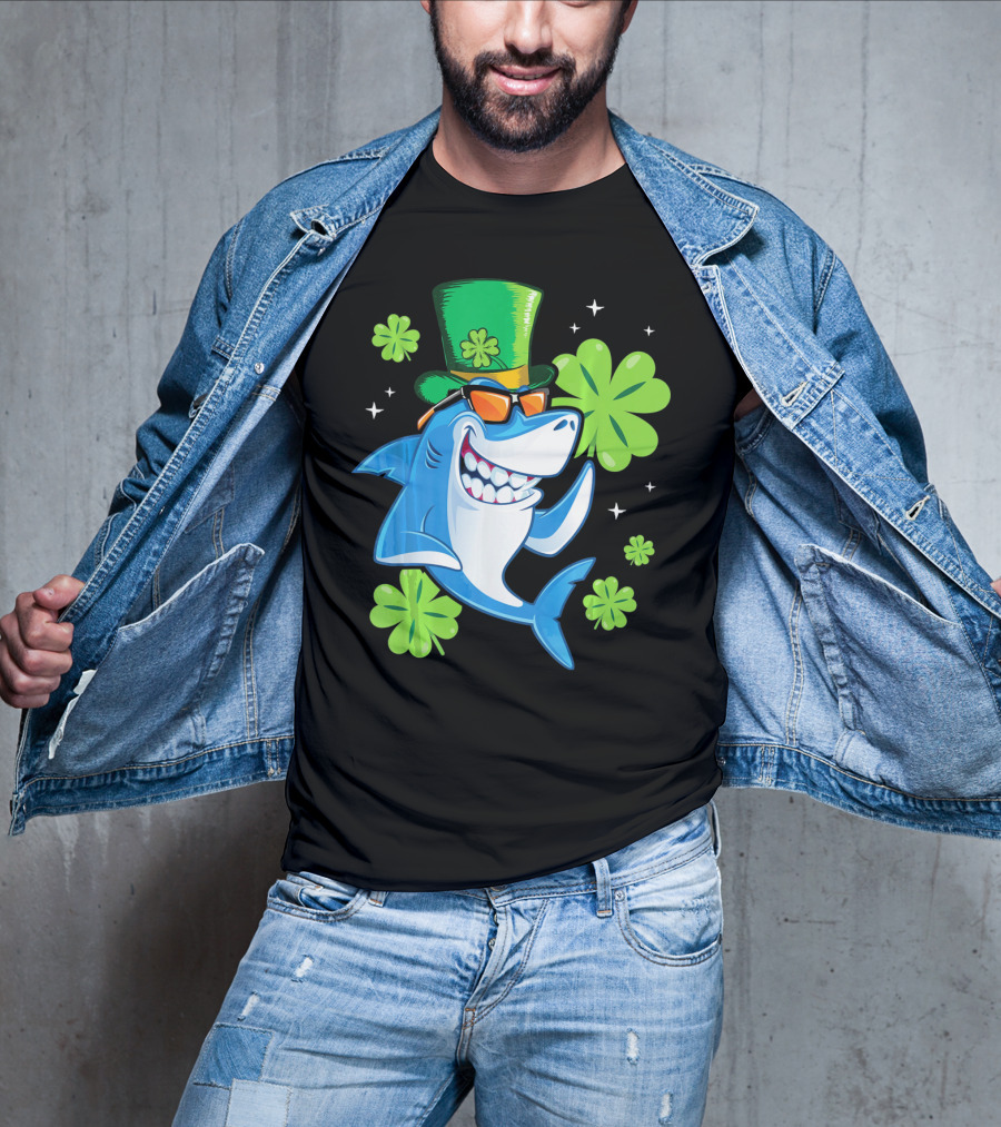 St Patricks Day Shamrock Paddy Shark Top Hat Dancing With Four-Leaf Clovers T-Shirt