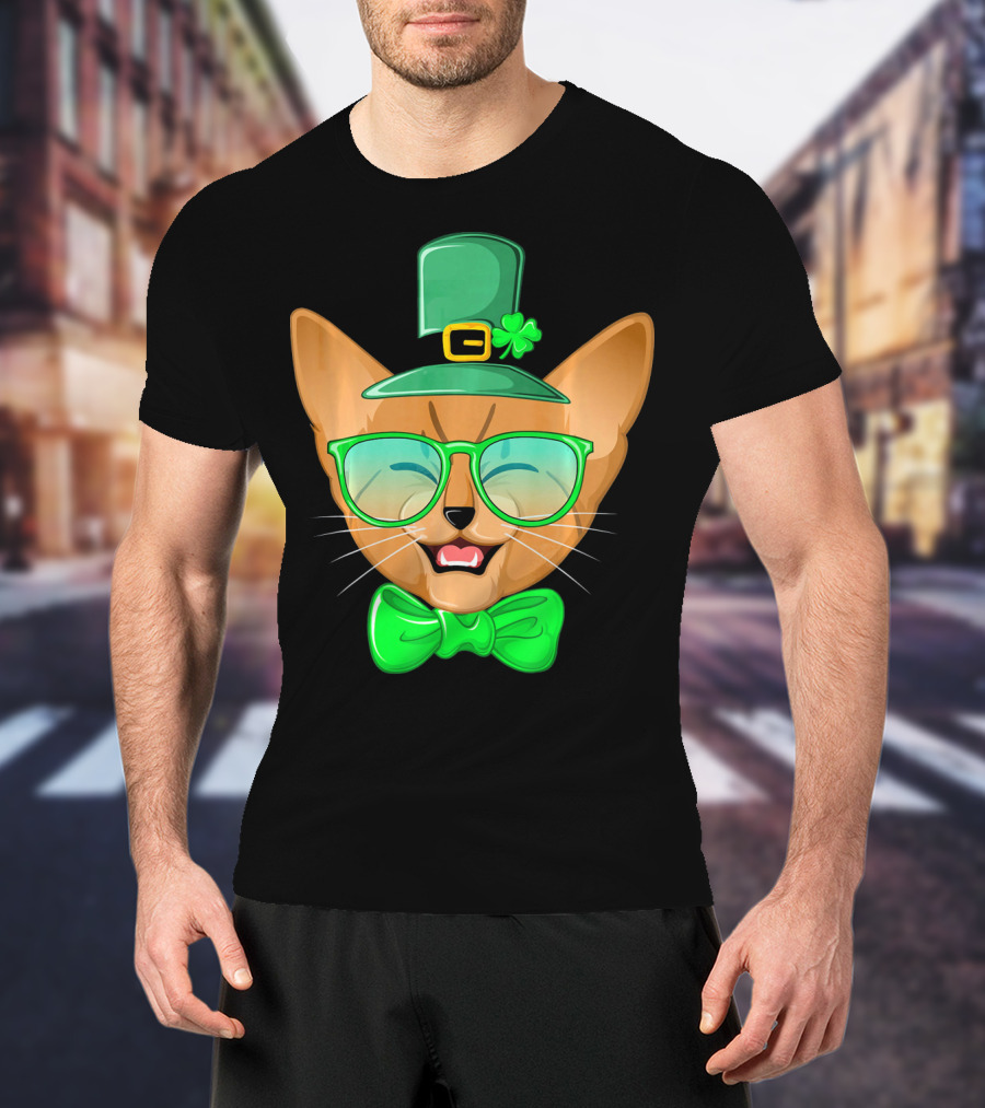 St. Patricks Day Cat Kitty Leprec Leprechaun Hat Green Glasses Bowtie Shamrock T-Shirt
